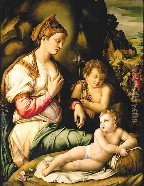 The Madonna and Child with Saint John the Baptist seated among rocks, a village beyond with shepherds Oil Painting - Francesco Ubertini Bacchiacca II