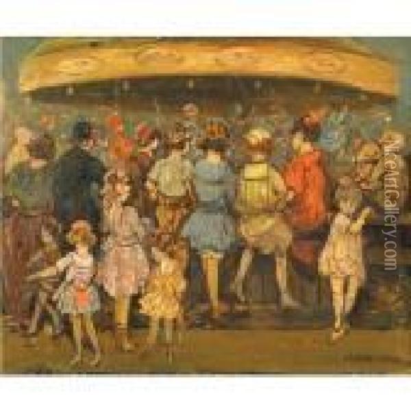 Children At A Carrousel Oil Painting - Jerome Myers