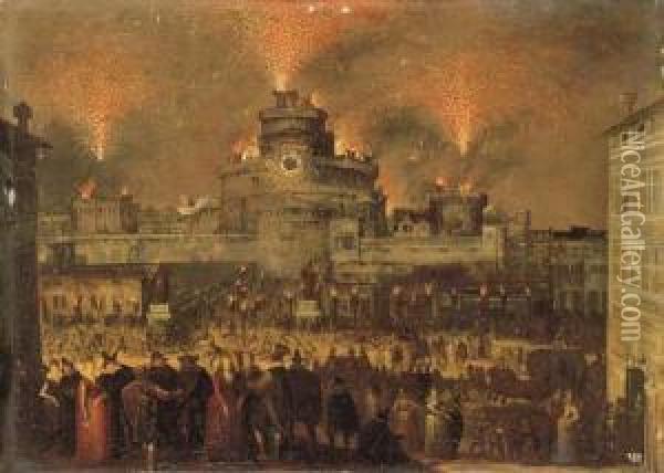A Firework Display At The Castel San' Angelo, Rome Oil Painting - Louis de Caullery