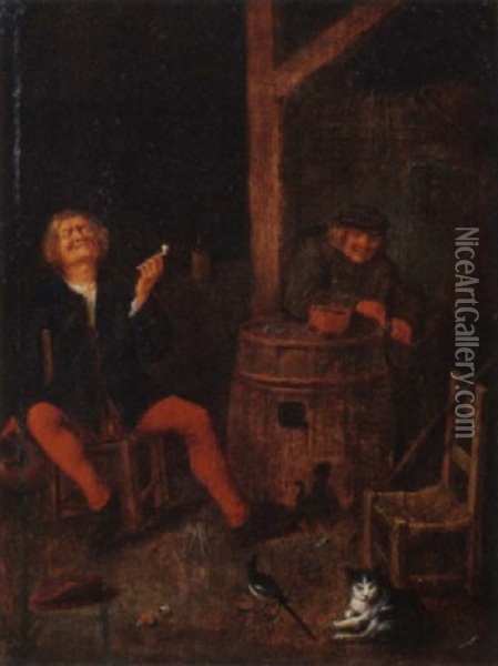 Boors Smoking In A Barn Oil Painting - Adriaen Brouwer