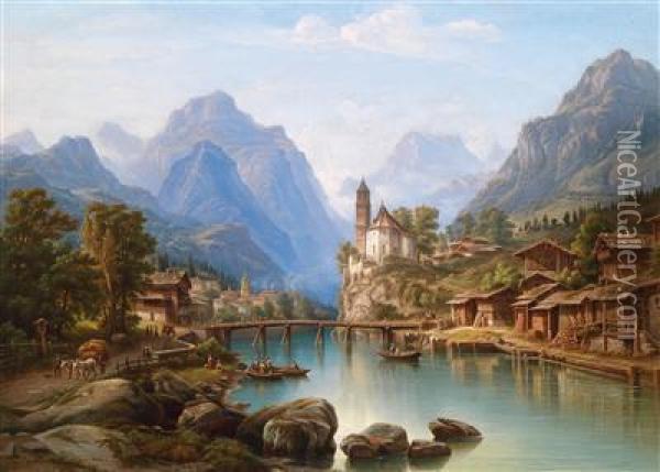 Landschaftsmotiv Mit Reicher Figurlicher Staffage Oil Painting - Heinrich Jaeckel