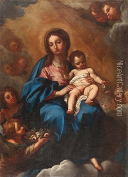 Maria Mit Dem Jesuskind Auf Einer Wolkenbank Sitzend, Umgeben Von Engeln Oil Painting - Sebastiano Conca