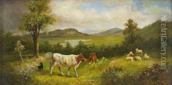 Weidende Kuhe Und Schafe Vor Bergiger Landschaft. Oil Painting - Max Bohm