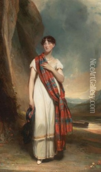 Portrait Of A Lady Wearing Plaid In A Landscape Oil Painting - John Watson Gordon