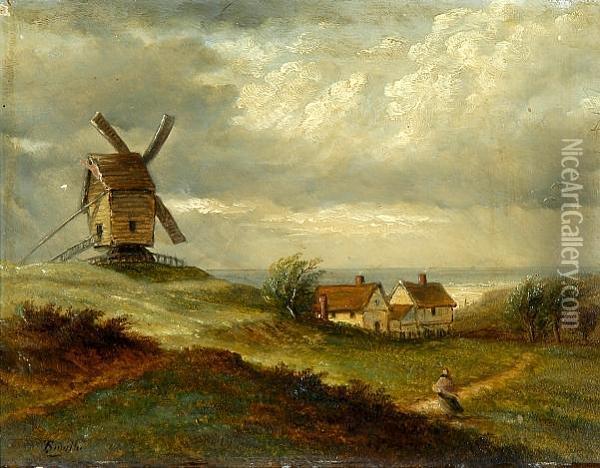 A Windmill And Cottages By The Sea Shore Oil Painting - Thomas Smythe