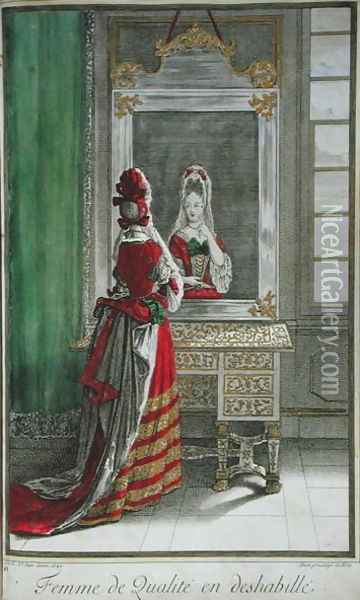 Lady looking in the mirror, published c.1688-90 Oil Painting - Jean Dieu de Saint-Jean
