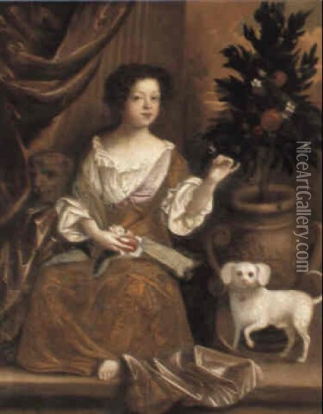 Portrait Of A Young Lady With A Dog Beside Her On A Terrace Oil Painting - Jacob Huysmans