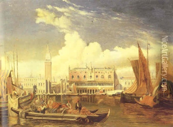 Kanalparti Fra Venedig Med Dogepaladset Og Marcuspladsen Oil Painting - Hugo Schaper