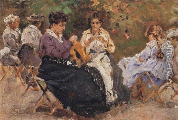 Women Sewing In The Park Oil Painting - Raffaele Ragione