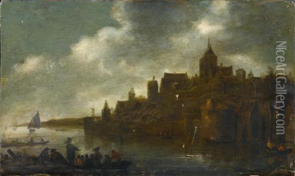 Town In The Moonlight Oil Painting - Aert van der Neer