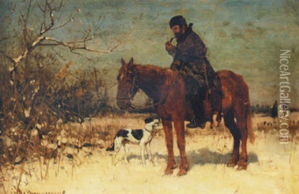 A Horseman And His Dog In A Snowy Landscape Oil Painting - George W. Brenneman