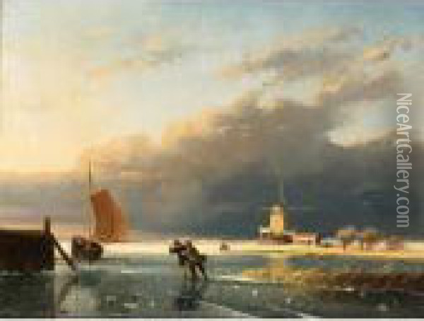 A Frozen Waterway With Figures On The Ice, A Windmill In The Distance Oil Painting - Charles Henri Leickert