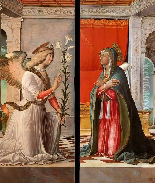 The Archangel Gabriel and the Virgin Annunciate Oil Painting - Jacopo da Montagnana