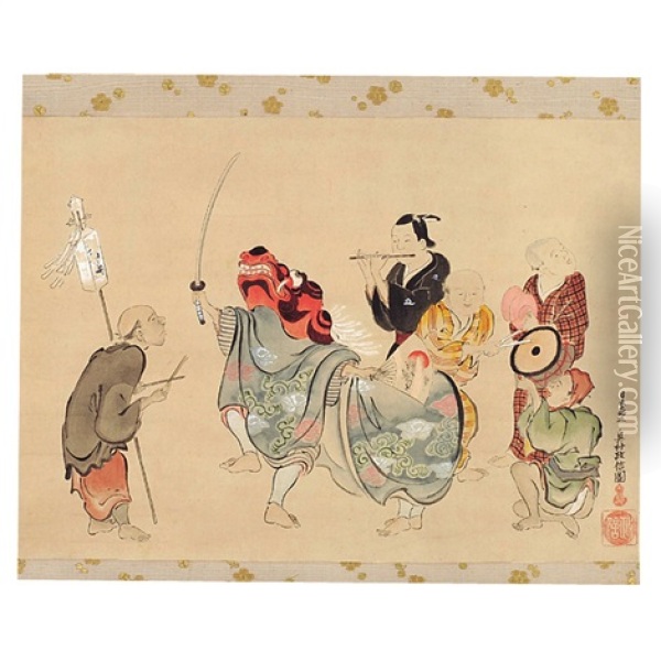 Shogatsu Shishimai Zu Oil Painting - Okumura Masanobu