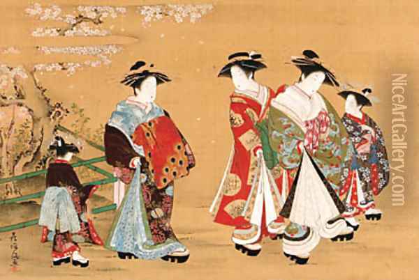 Courtesans on parade beneath a blossoming cherry Oil Painting - Kubo Shunman