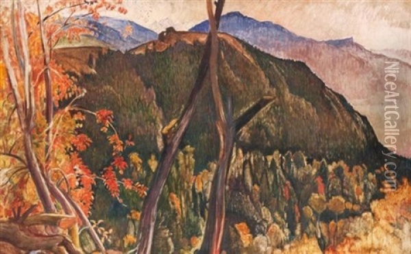 Le Chateau De La Soie En Autumne, Saviese Oil Painting - Ernest Bieler