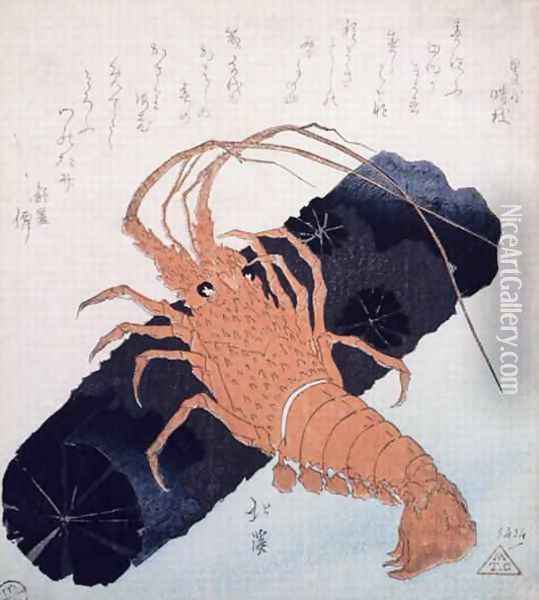 Langoustine with a Block of Charcoal Oil Painting - Toyota Hokkei