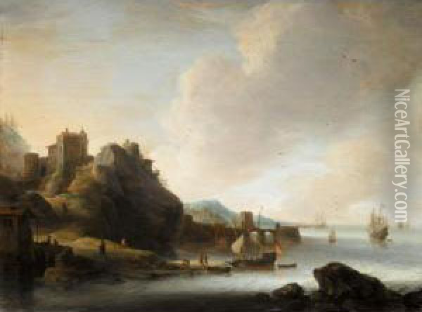 A Coastal Landscape With Figures Before A Fort, Shipping Off The Coast Oil Painting - Jan Abrahamsz. Beerstraaten