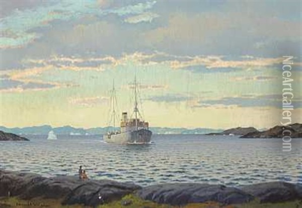 Damper Ved Kysten, Fra En Gronlandsk Fjord Oil Painting - Emanuel A. Petersen
