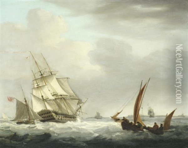 A Man O' War And Other Vessels In A Choppy Sea Oil Painting - George Webster