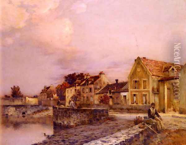 Figures At The Village Pond, Sunset Oil Painting - Jean-Charles Cazin