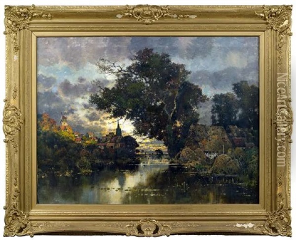 Abendliche Flusslandschaft Mit Einem Stadtchen Am Linken Ufer Oil Painting - Karl Heffner