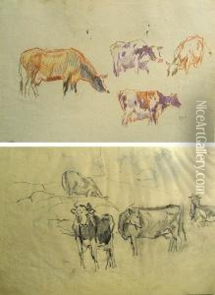 A Study Of Cattle Grazing; A Sketch Of Cats; A Study Of Cattle On The Hillside; Home In Autumn (group Of 4) Oil Painting - Bertha Menzler Peyton