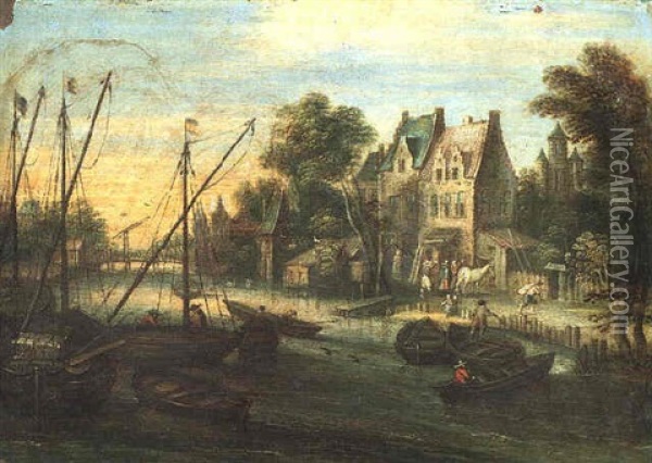 Numerous Sailing Vessels On A River With A Bridge, A Town And A Church Beyond Oil Painting - Marten Ryckaert