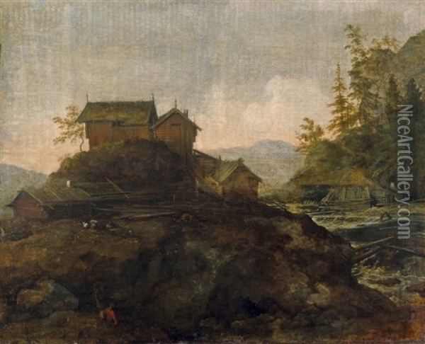 Norwegische Flusslandschaft Mit Blockhausern Oil Painting - Allaert van Everdingen