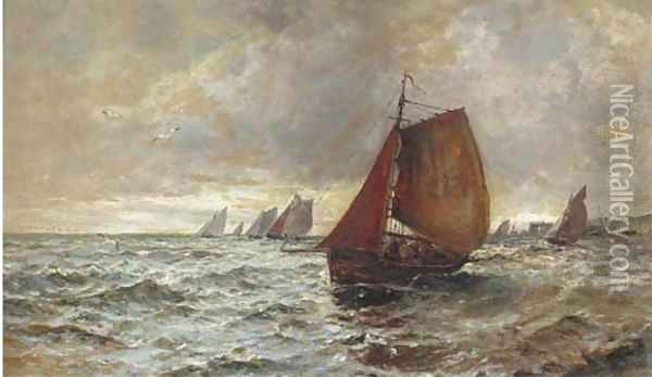 The fishing fleet heading out to sea Oil Painting - Gustave de Breanski