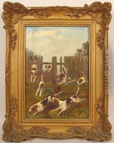 Hounds Overand Through Fence Oil Painting - Charles Fullwood
