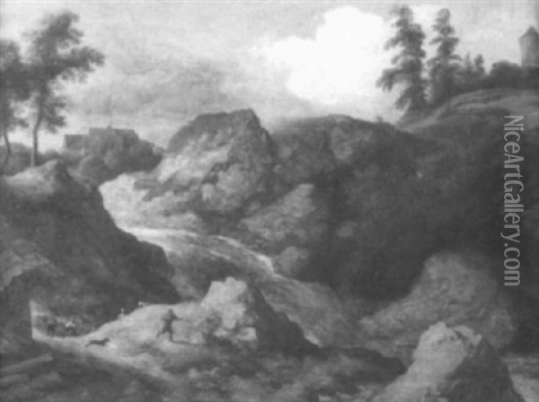 Nordische Landschaft Mit Tannen Und Eichen Bewachsenen Felsen Und Wasserfall Oil Painting - Allaert van Everdingen