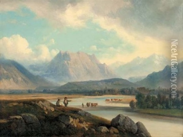 Troupeau Dans Un Gue Au Pied Des Montagnes Oil Painting - Nicolas-Victor Fonville