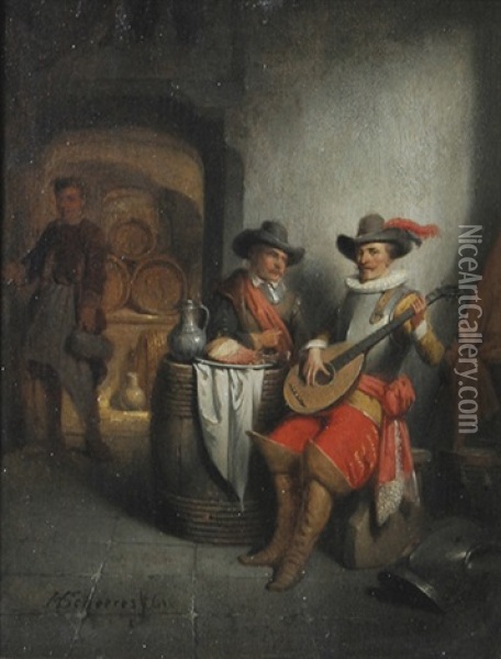In Der Schanke. Interieur Mit Mandoline Spielendem Bzw. Speisendem Soldat Oil Painting - Hendricus Johannes Scheeres