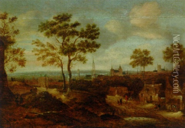 A Wooded Landscape With A View Of A Town Oil Painting - Nicolaes Molenaer