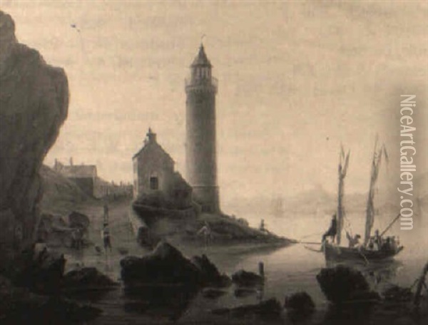 A View Of An Estuary With Figures In A Ferry Approaching A Lighthouse Oil Painting - Edmund Thornton Crawford