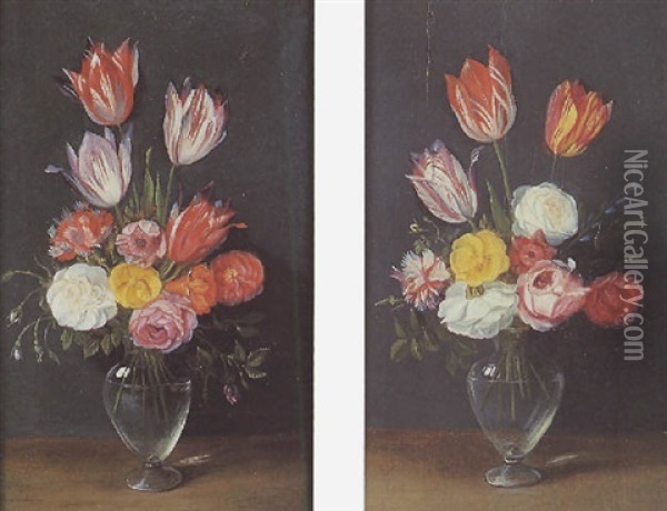 Bouquet De Tulipes, Roses Et Oeillets Dans Un Vase En Verre Oil Painting - Jan van Kessel the Elder