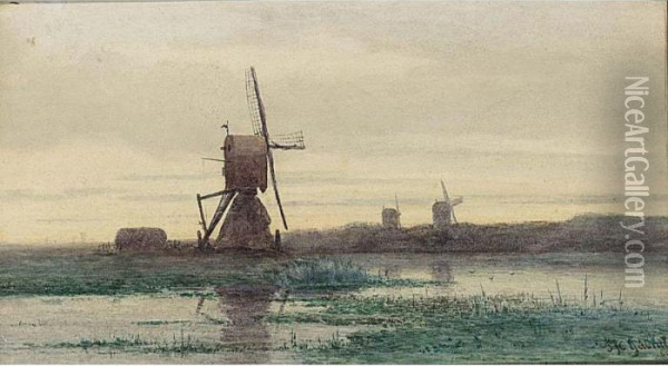 Windmills Along A Waterway Oil Painting - Paul Joseph Constantine Gabriel