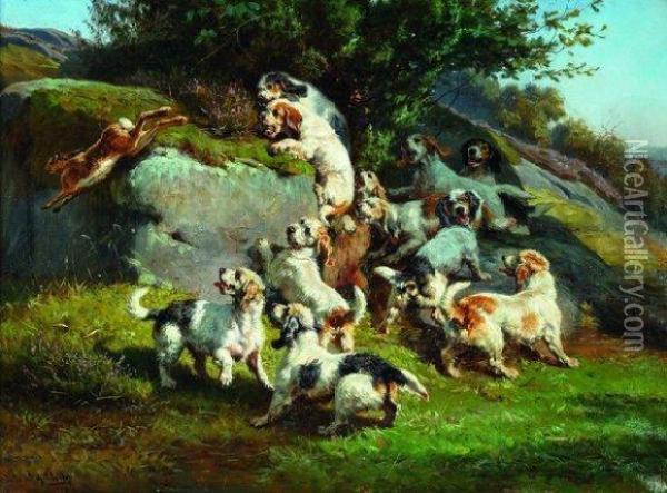 Meute Dechiens De Chasse A La Poursuite D'un Lievre Oil Painting - Jules Bertrand Gelibert