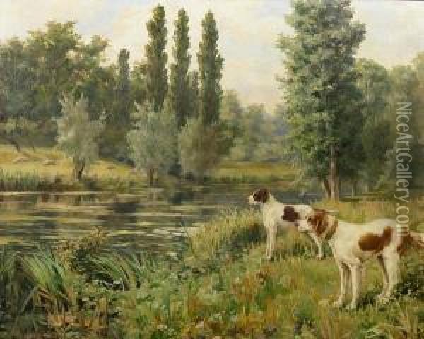 A Setter And A Pointer On A Riverbank Oil Painting - Percival Leonard Rosseau