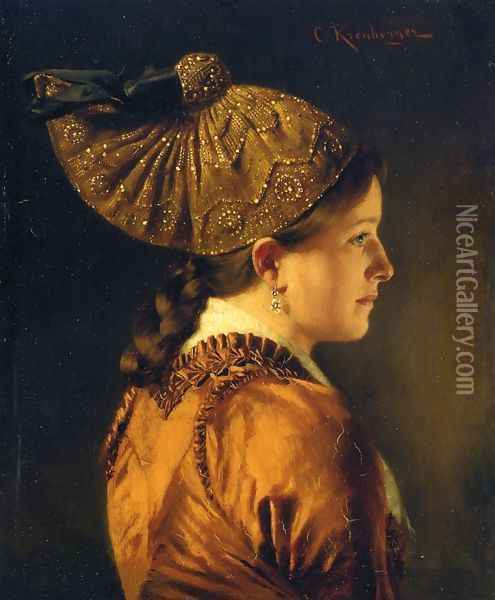 A Portrait of a Girl Wearing a Golden Hood Oil Painting - Carl Kronberger