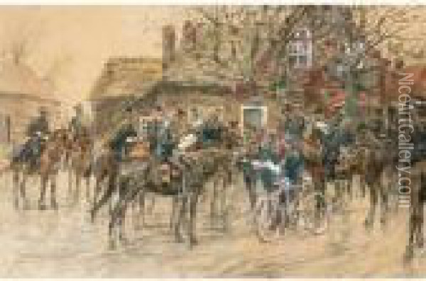 Cavalry In A Village Oil Painting - Jan Hoynck Van Papendrecht