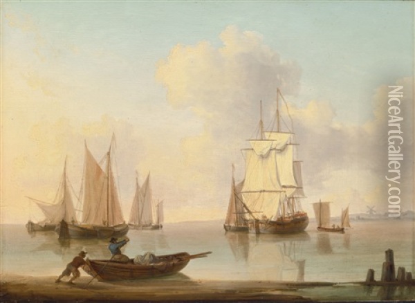 Shipping In A Calm Sea Off The Coast Oil Painting - William Anderson