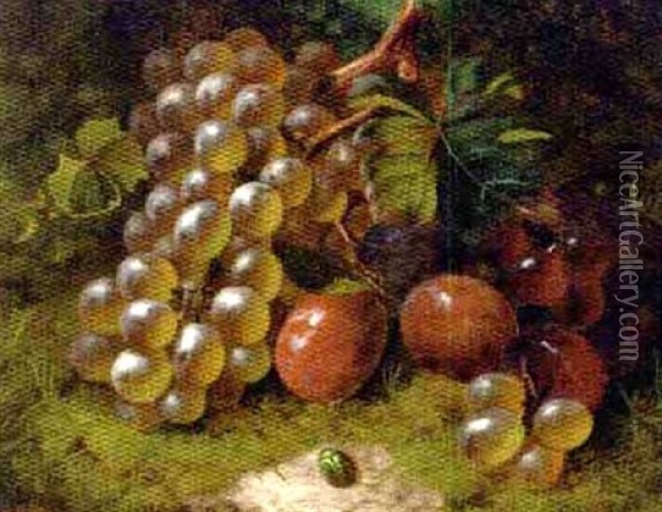 Grapes And Plums On A Mossy Bank (+ Grapes, Plums And A Peach, With A Butterfly On A Mossy Bank; Pair) Oil Painting - William Harding Smith
