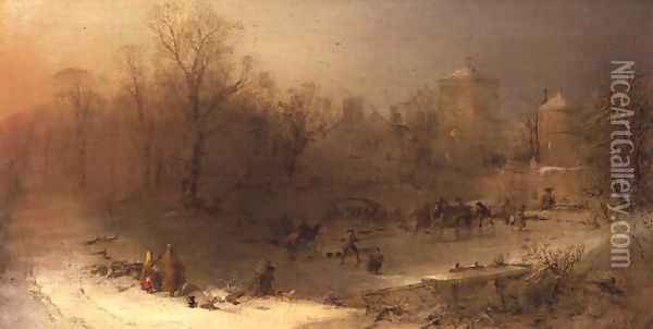 A Winter Landscape with curlers on a frozen lake Oil Painting - John Ritchie