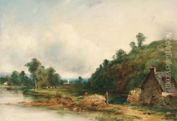 Figures By A River In A Wooded Landscape Oil Painting - Frederick Waters Watts