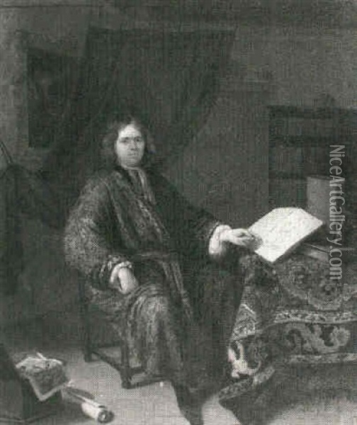 A Portrait Of A Scholar Seated In His Study Beside A Desk   Covered With A Turkish Carpet On Which Books And Other Oil Painting - Richard Brakenburg