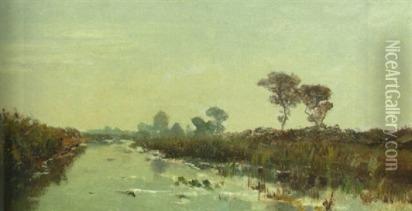 A River In A Polder Landscape Oil Painting - Paul Joseph Constantin Gabriel