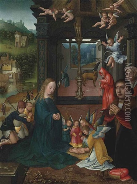 The Nativity With Two Kneeling Donors Oil Painting - Jacob van Utrecht