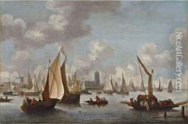 Shipping On The Maas With A View On Dordrecht Oil Painting - C.W. Schut